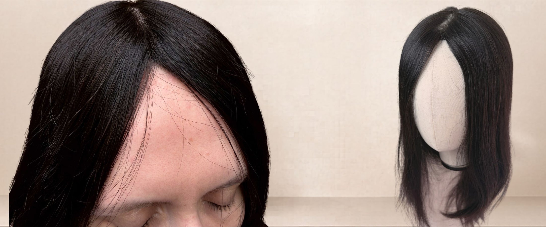 Person with a hairline issue wearing a wig, next to a mannequin head with a wig on a plain background.